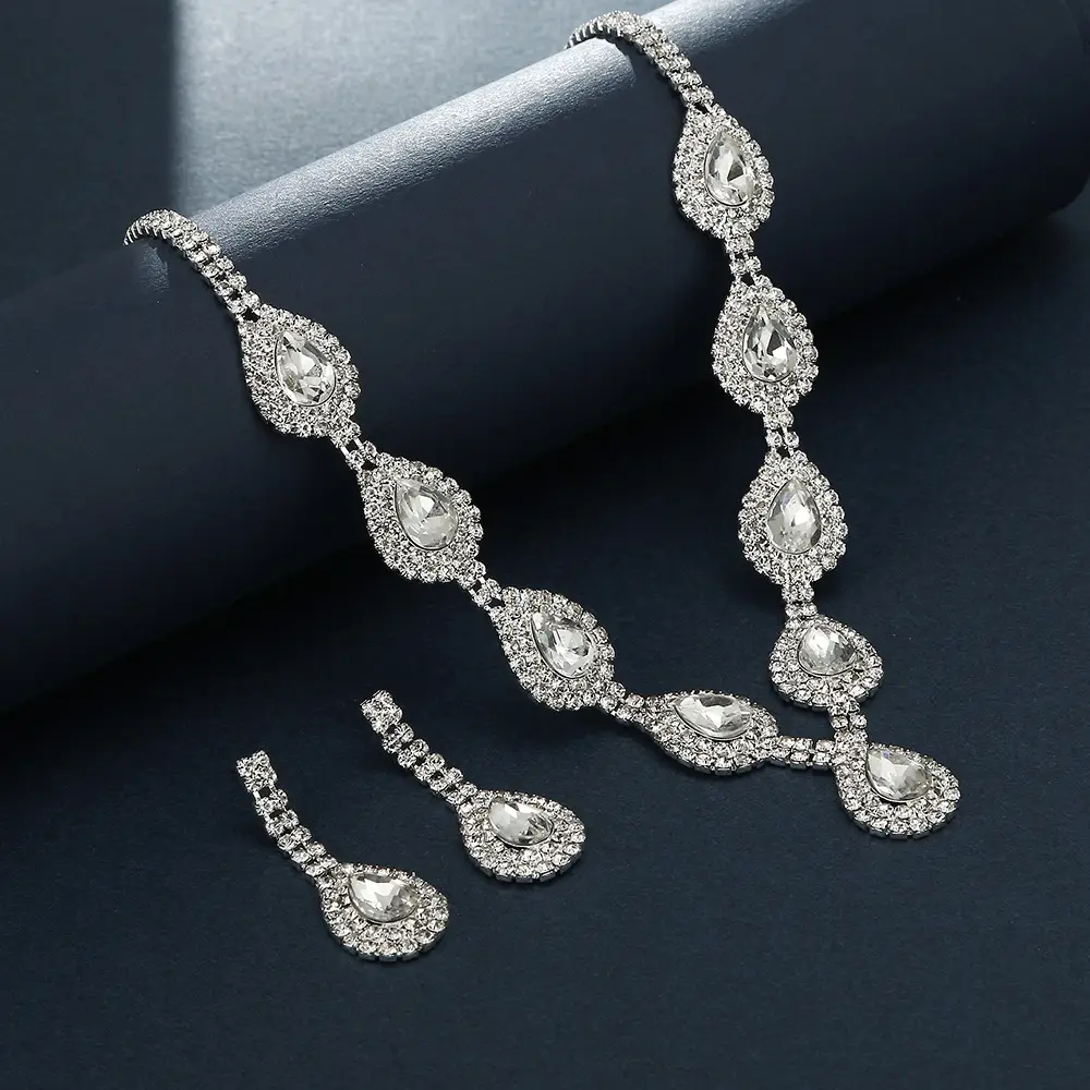 Zircon Rhinestone Necklace & Earrings Set for Weddings Parties