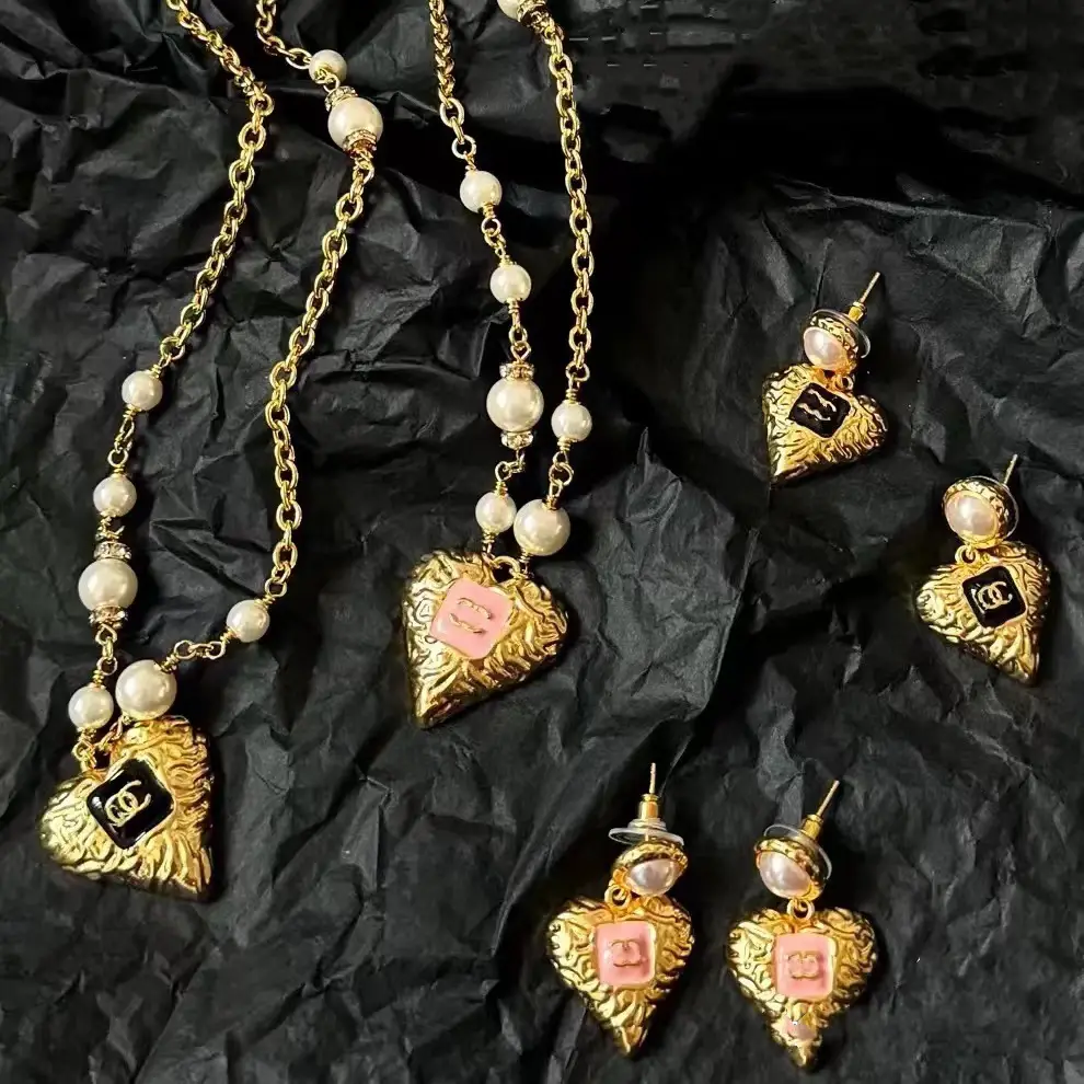 Heart Shaped Gold Necklace & Earrings Set with Pink Enamel