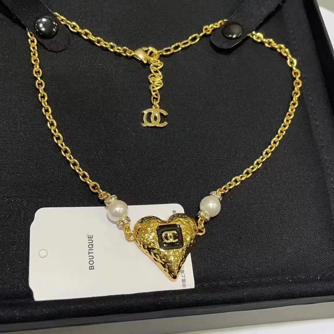 Heart Shaped Gold Necklace & Earrings Set with Pink Enamel
