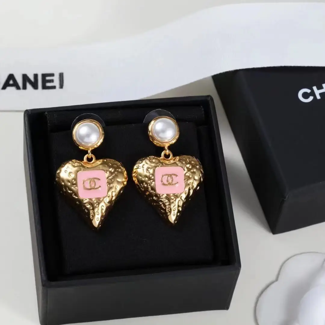 Heart Shaped Gold Necklace & Earrings Set with Pink Enamel