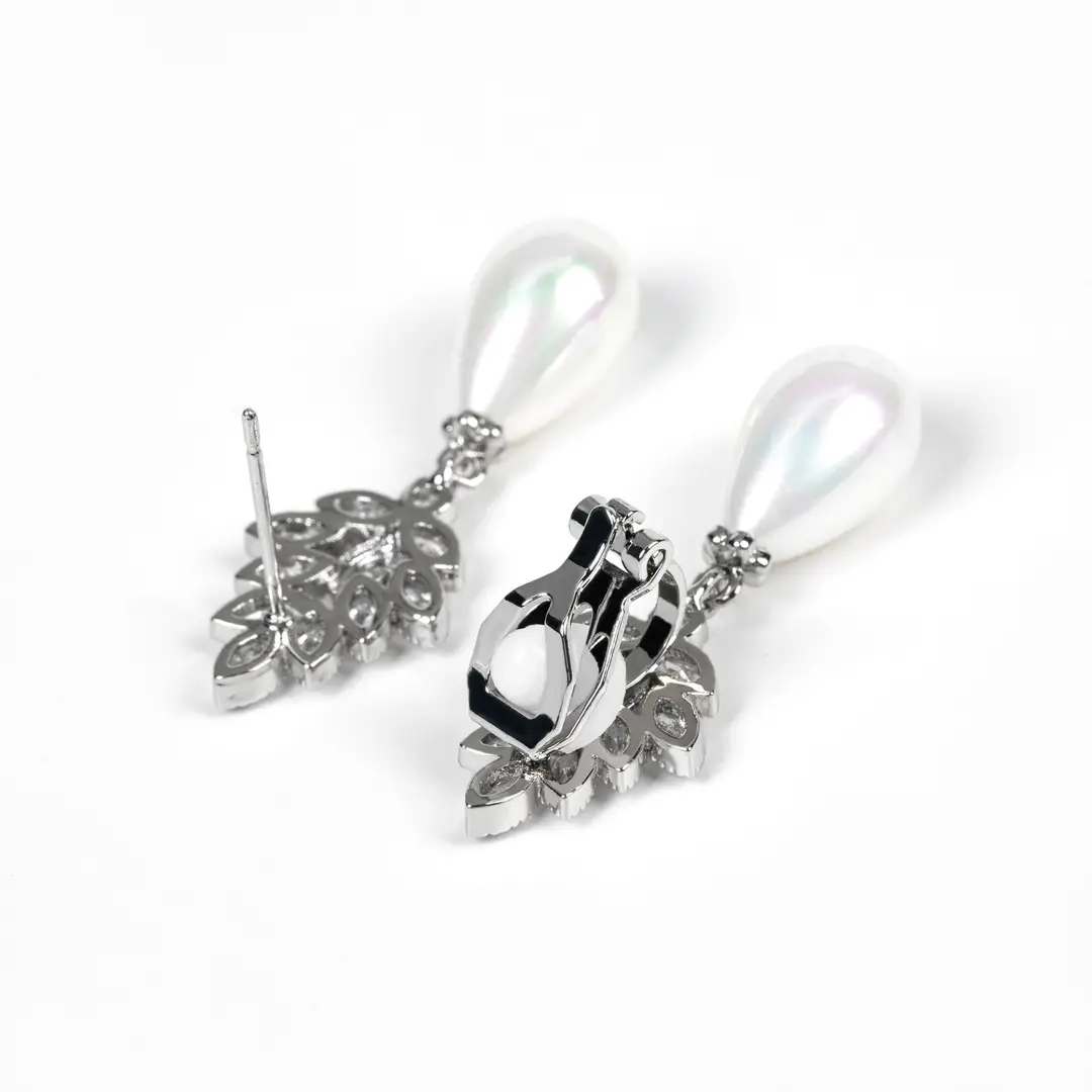 Pearl Drop Earrings Gold Plated Zircon Leaf Design