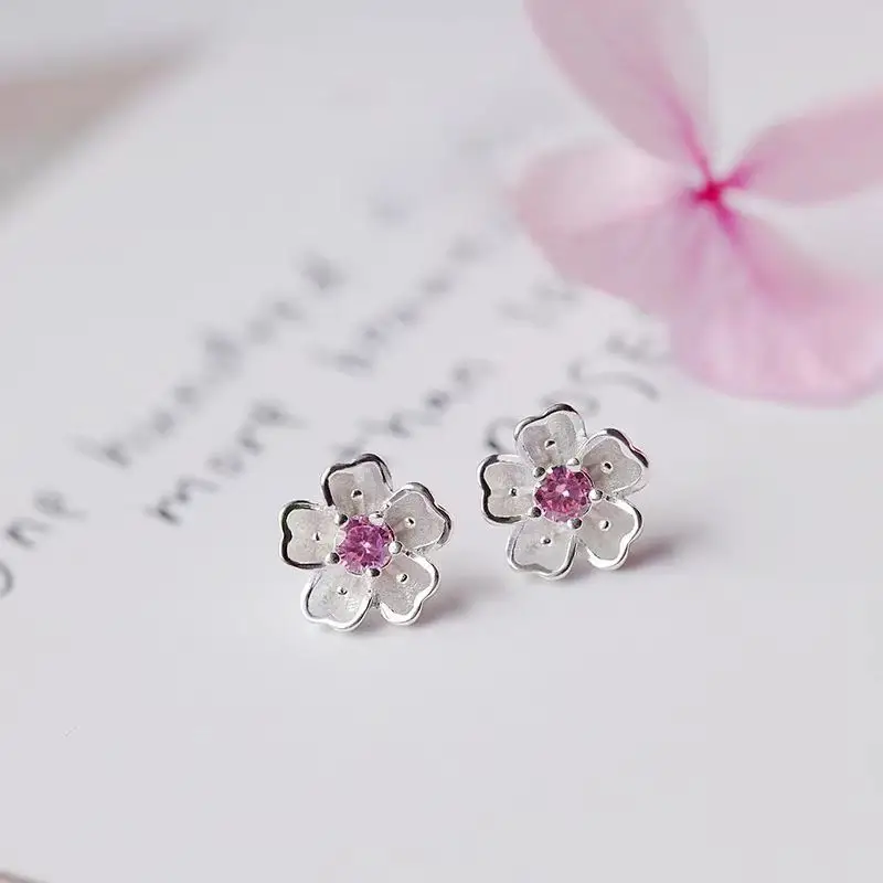 Cherry Blossom Earrings 925 Silver Purple Zircon