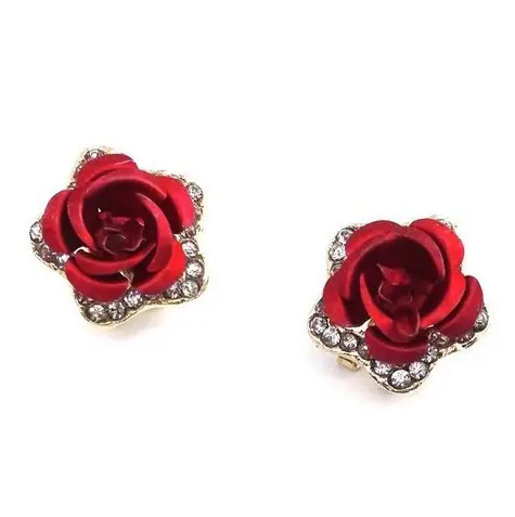 Rose Earrings Red Black Purple Blue Sparkle Rhinestones