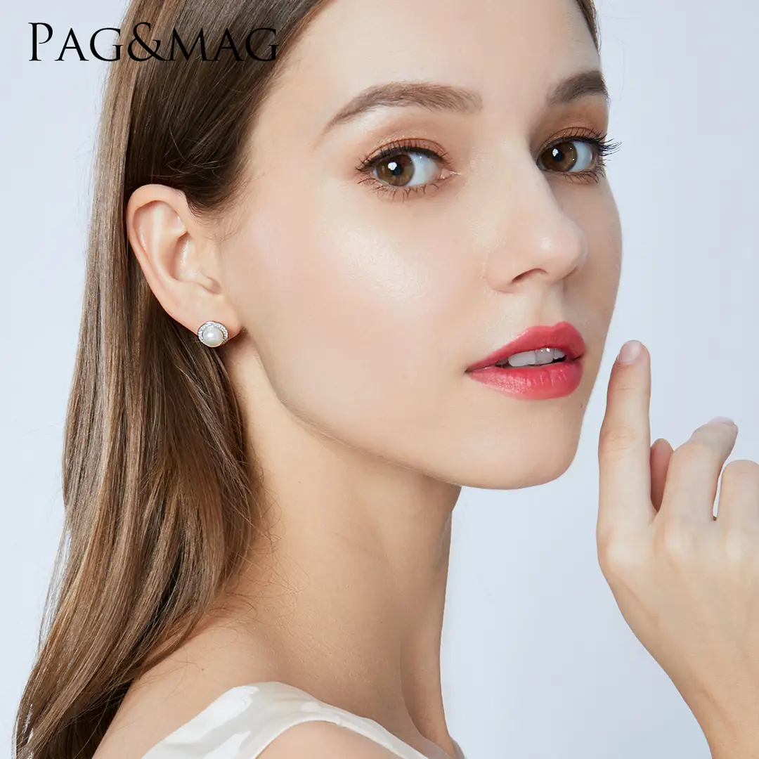 Pag& Mag Earrings 925 Silver Pearl Stone Halo