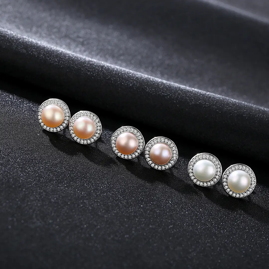 Pag& Mag Earrings 925 Silver Pearl Stone Halo