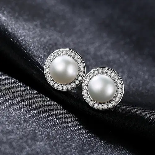 Pag& Mag Earrings 925 Silver Pearl Stone Halo