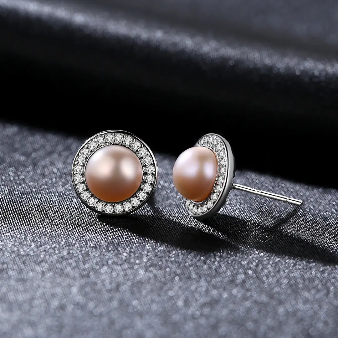 Pag& Mag Earrings 925 Silver Pearl Stone Halo