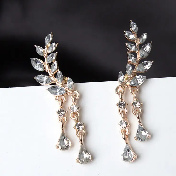 Leaf Crystal Earrings Gold Tone Pakistani Women
