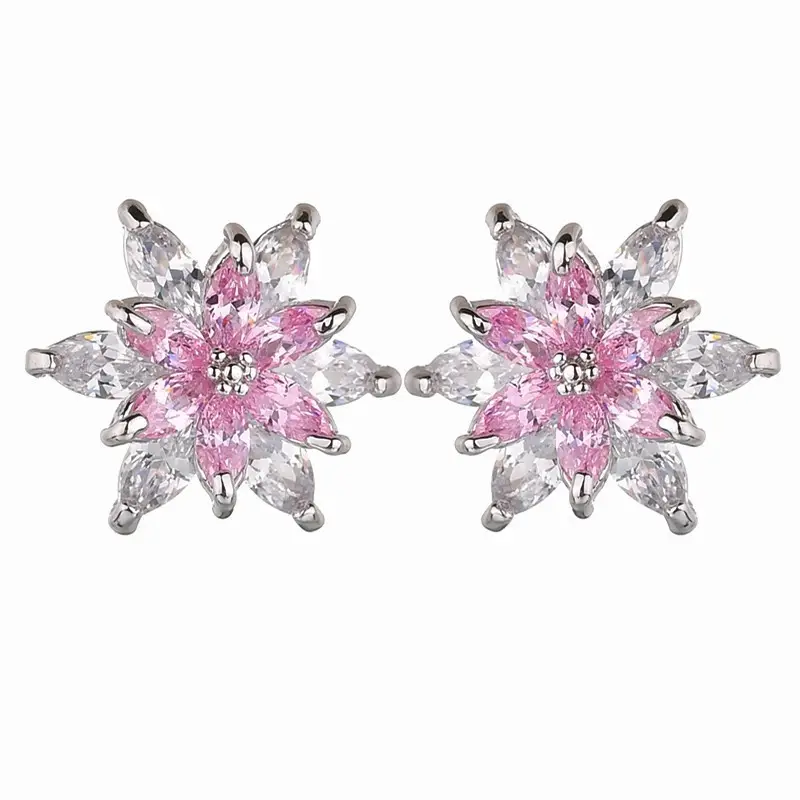 Korean Flower Earrings Pink Clear Zircon Silver