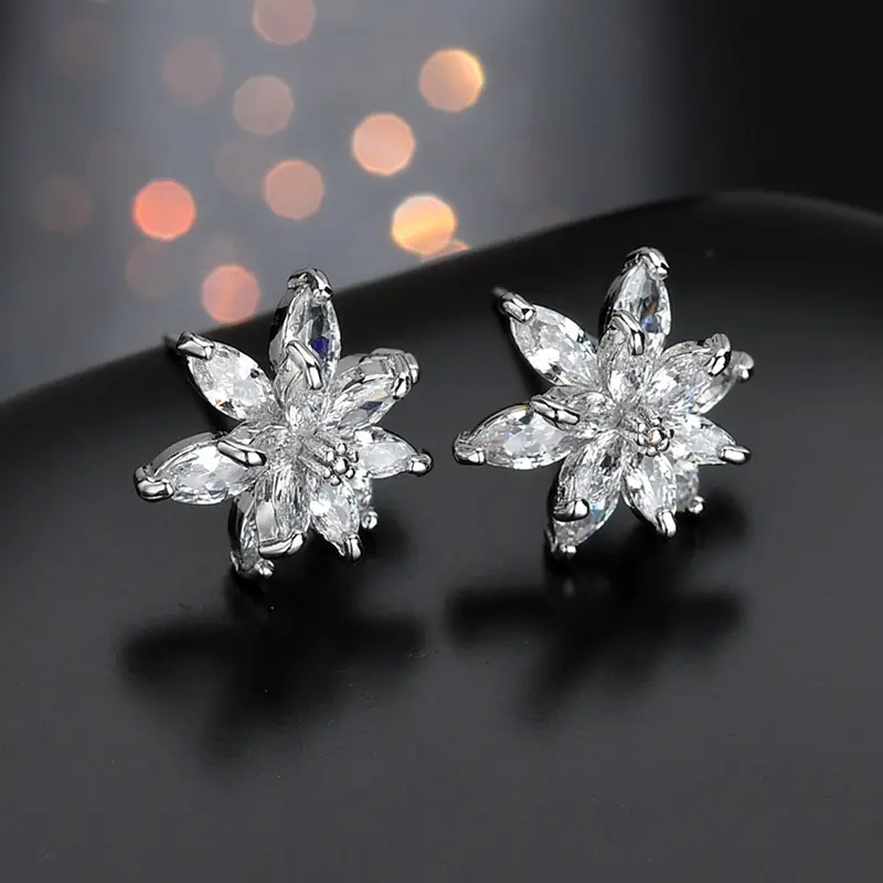 Korean Flower Earrings Pink Clear Zircon Silver