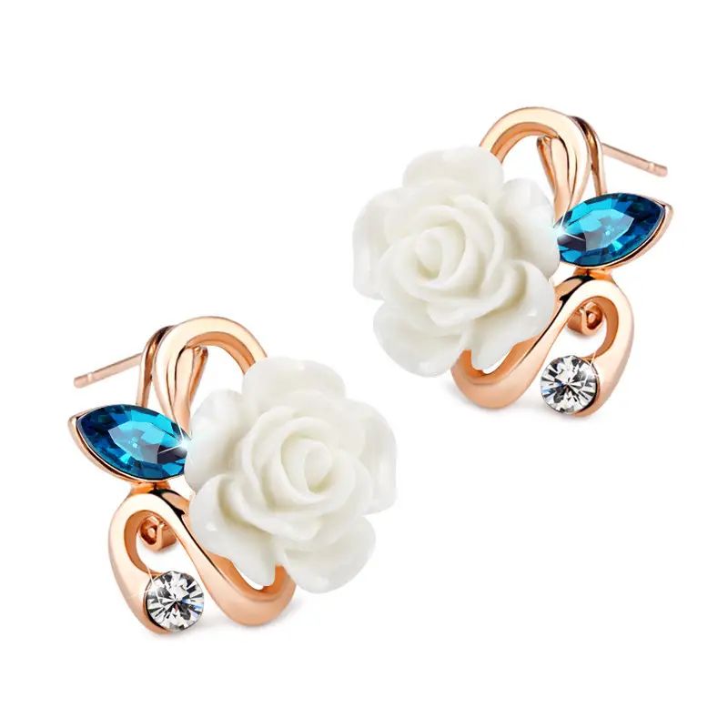 White Rose Earrings with Blue & Clear Stones Gold Tone