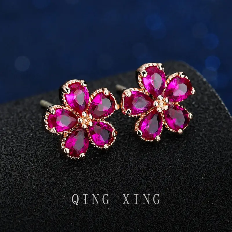 Ruby Flower Earrings Qing Xing Rose Gold 925 Silver