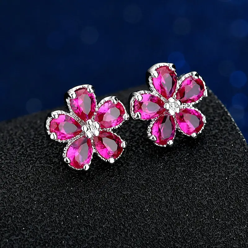 Ruby Flower Earrings 16k Gold Plated Red Corundum