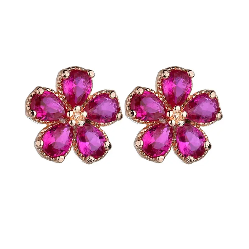 Ruby Flower Earrings 16k Gold Plated Red Corundum