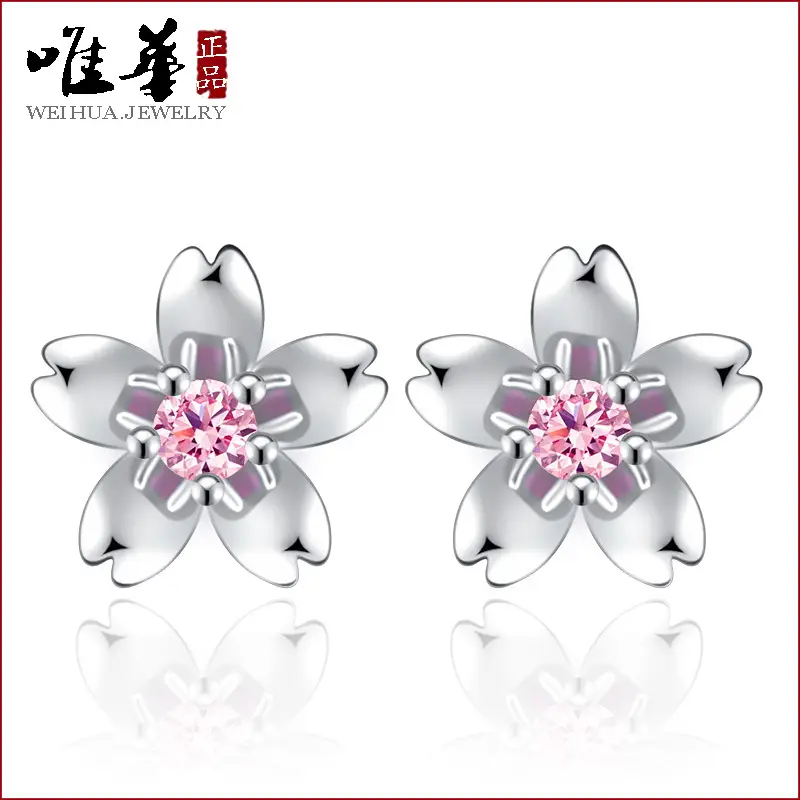 Cherry Blossom Earrings Silver Pink Diamond Lightweight