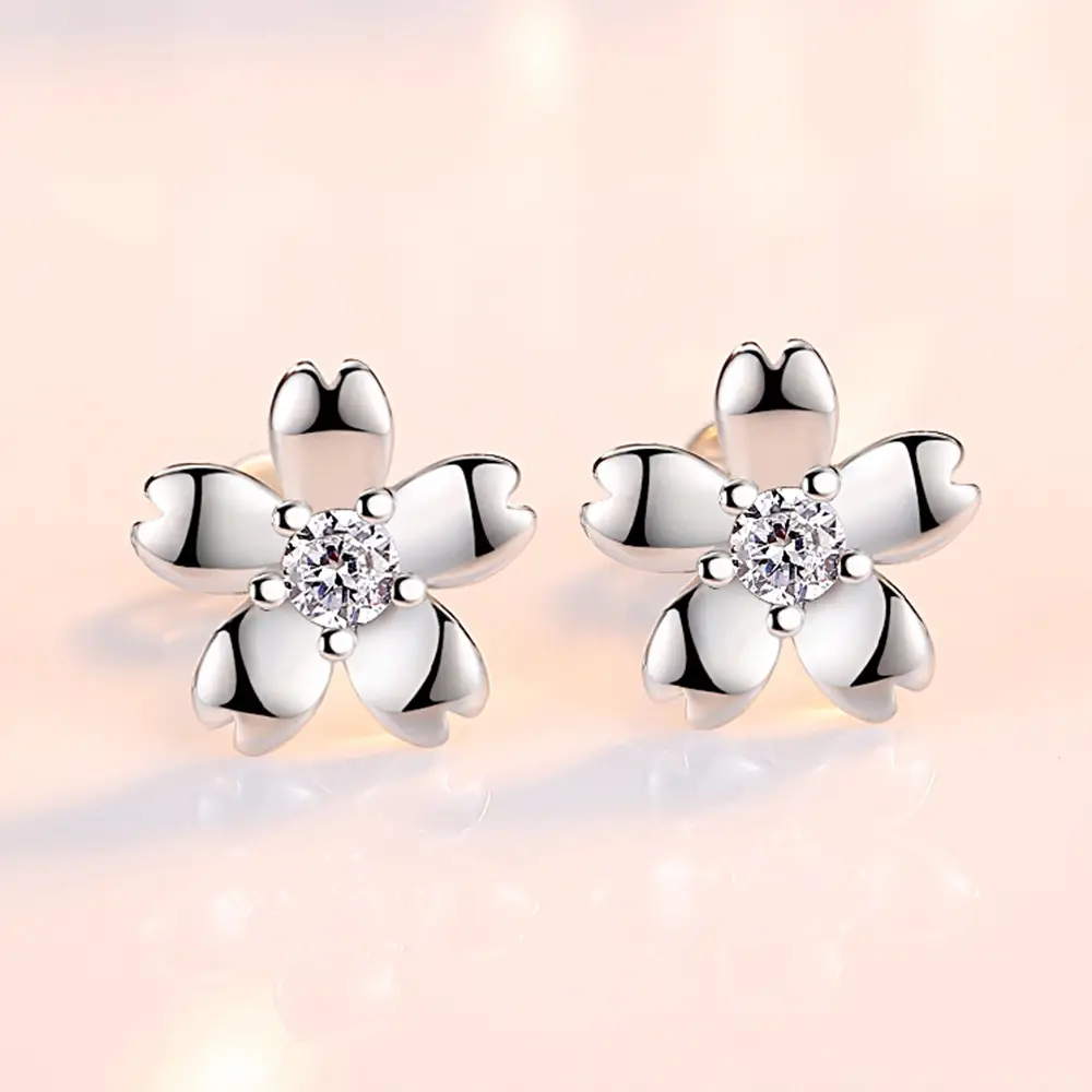 Cherry Blossom Earrings Silver Pink Diamond Lightweight