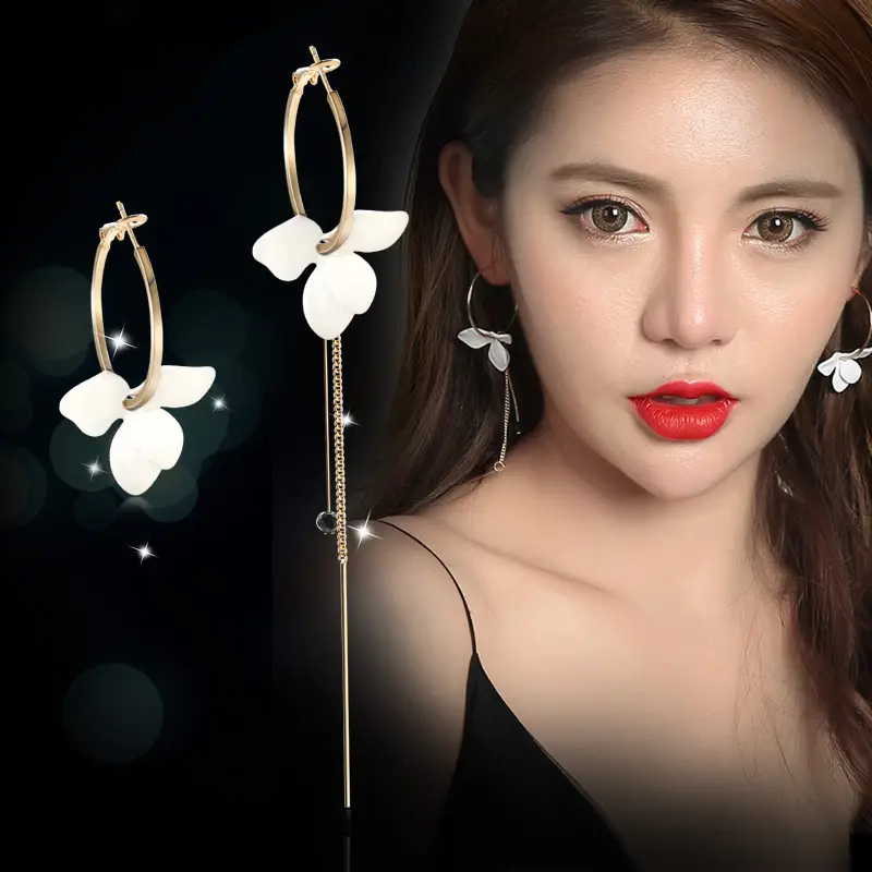 Red Floral Earrings Gold Hoop Chain for Women