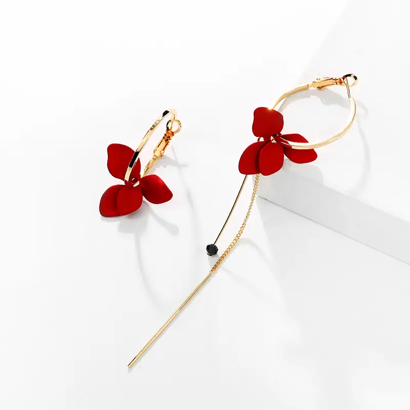 Red Floral Earrings Gold Hoop Chain for Women