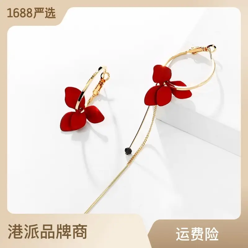 Red Flower Earrings 18K Gold Plated for Women