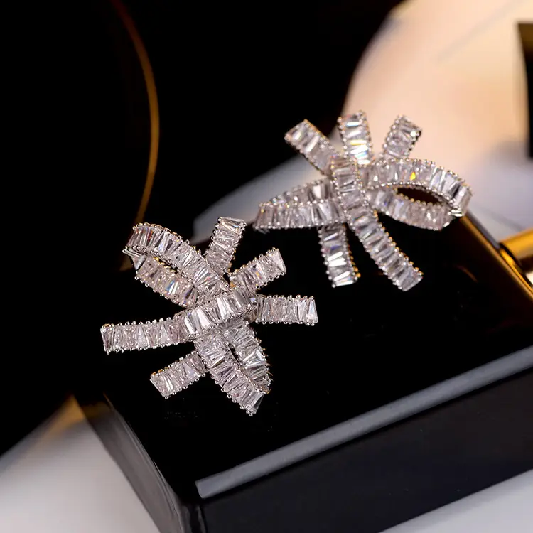 Oversized Bow Stud Earrings Silver Zircon Pakistani Women