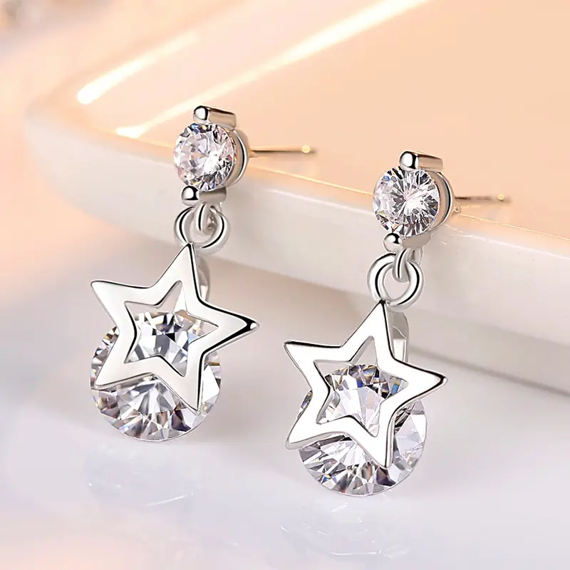 Star Earrings Silver Zircon Pakistani Women Wedding Party Wear