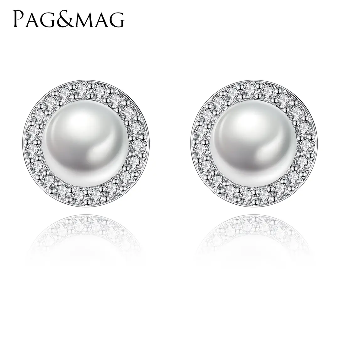 PAG & MAG Earrings Pearl Zircon Halo 925 Silver
