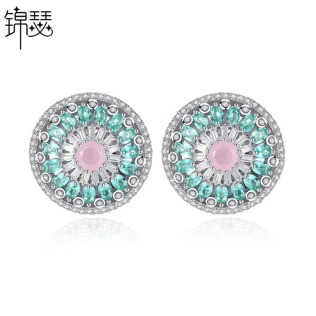 Round Earrings with Pink Zircon Floral Design