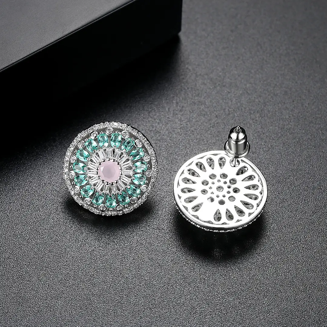 Round Earrings with Pink Zircon Floral Design