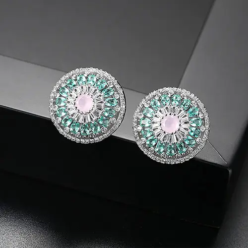 Round Earrings with Pink Zircon Floral Design