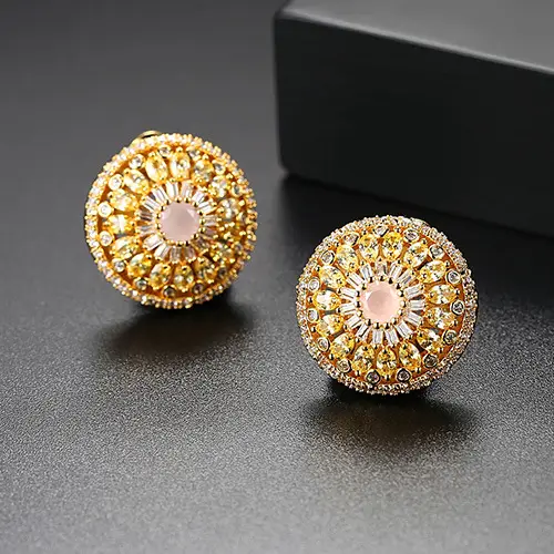 Round Earrings with Pink Zircon Floral Design