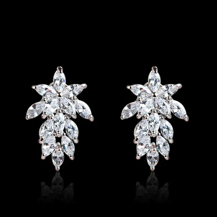 Korean Leaf Earrings Zircon Silver Hypoallergenic