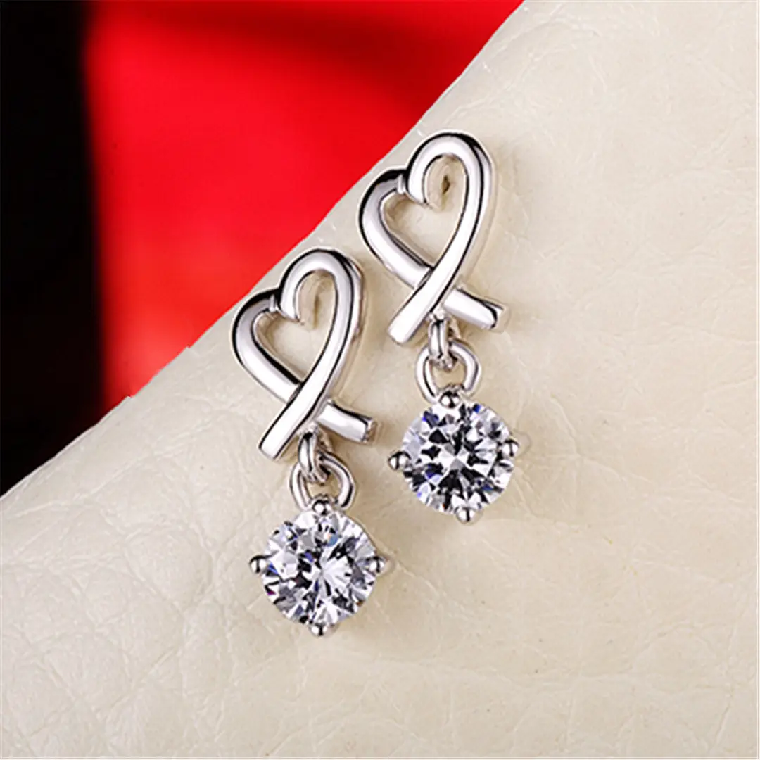 Heart Shaped Earrings with Sparkling Pendant 925 Silver