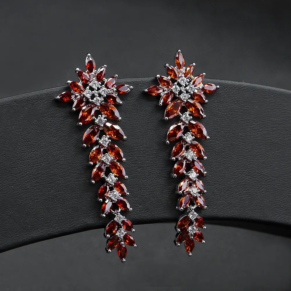 Red Zircon Leaf Tassel Earrings for Women