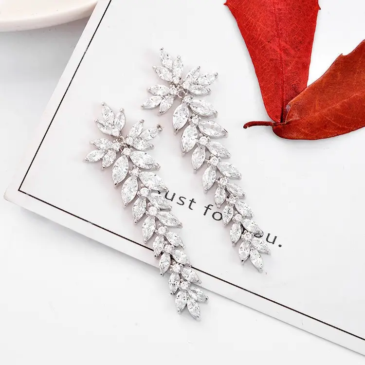 Red Zircon Leaf Tassel Earrings for Women