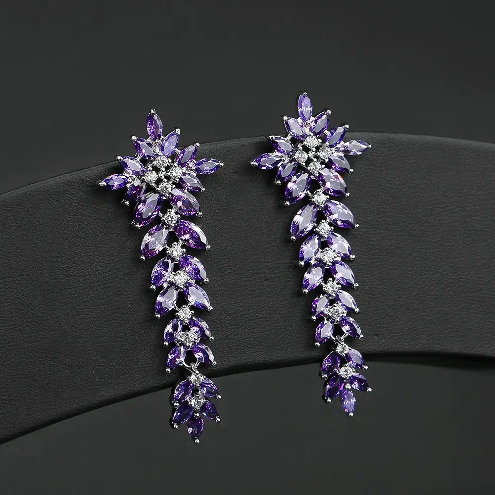 Red Zircon Leaf Tassel Earrings for Women