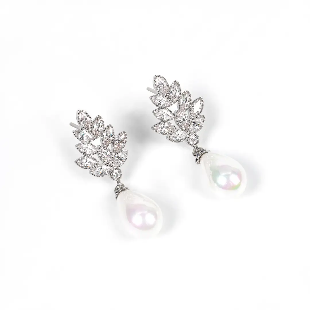 Pearl Drop Earrings Gold Plated Zircon Wedding Office