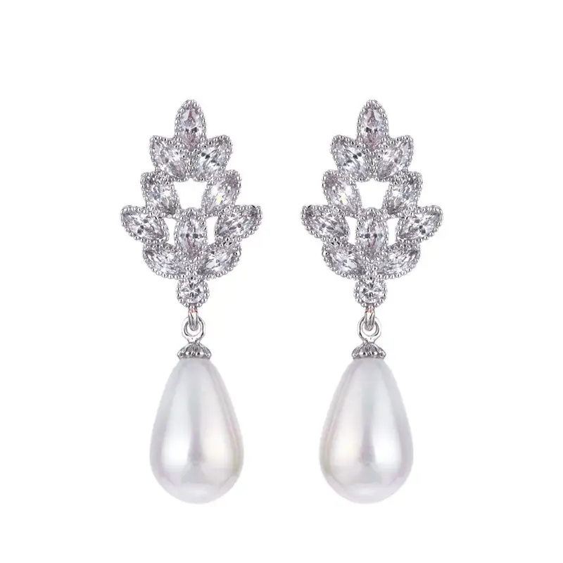 Pearl Drop Earrings Gold Plated Zircon Wedding Office