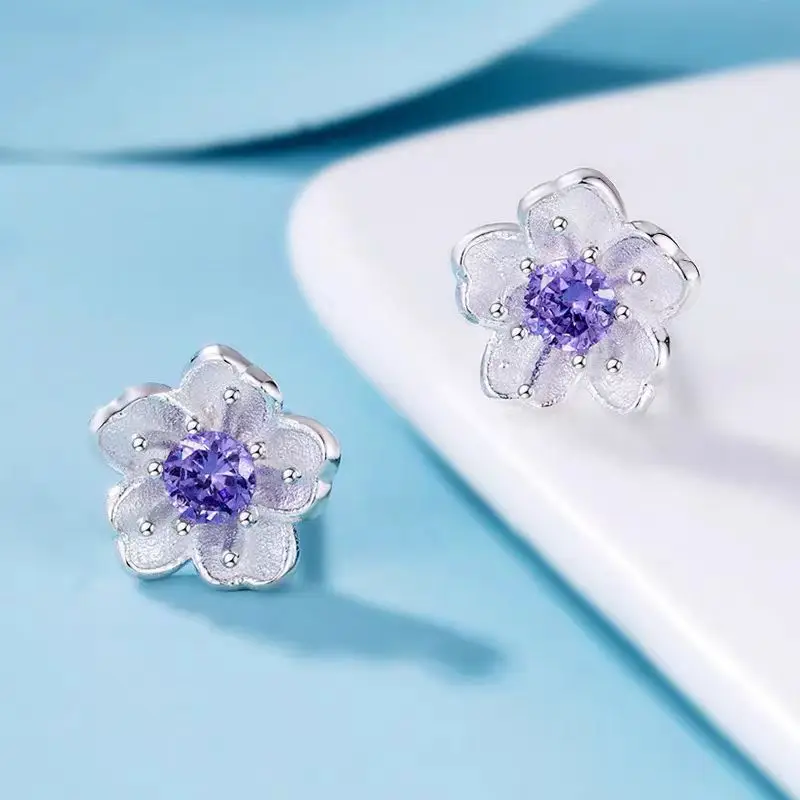 Cherry Blossom Earrings 925 Silver Purple Zircon