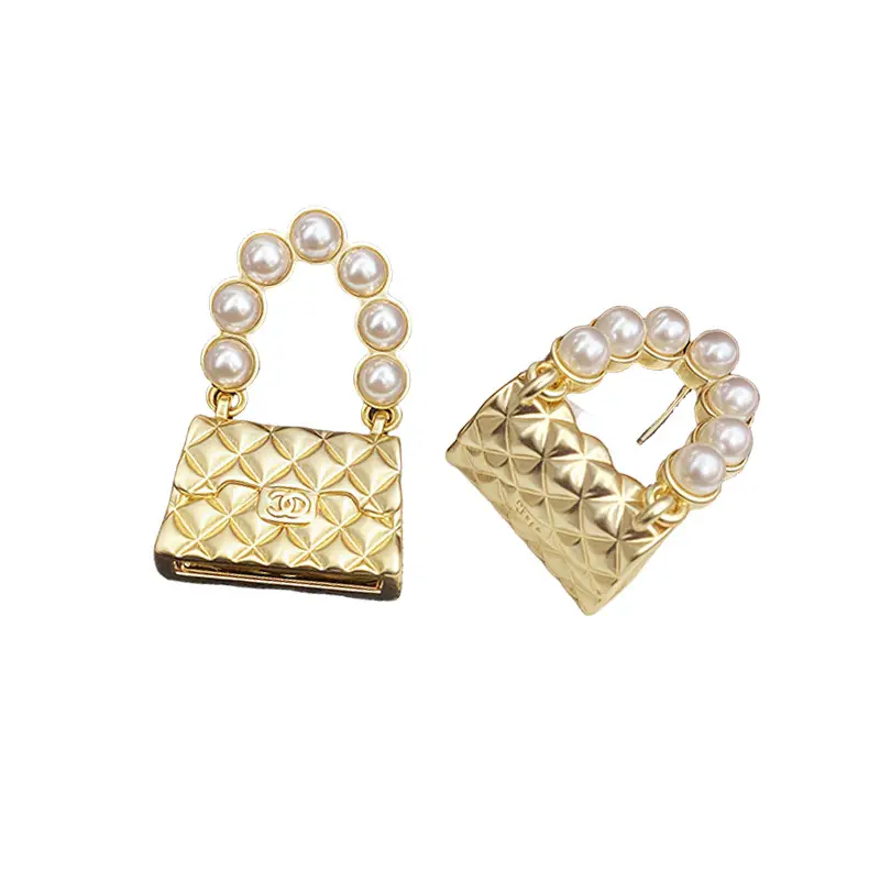 Pearl Embellished Bag Earrings Gold Tone Lightweight