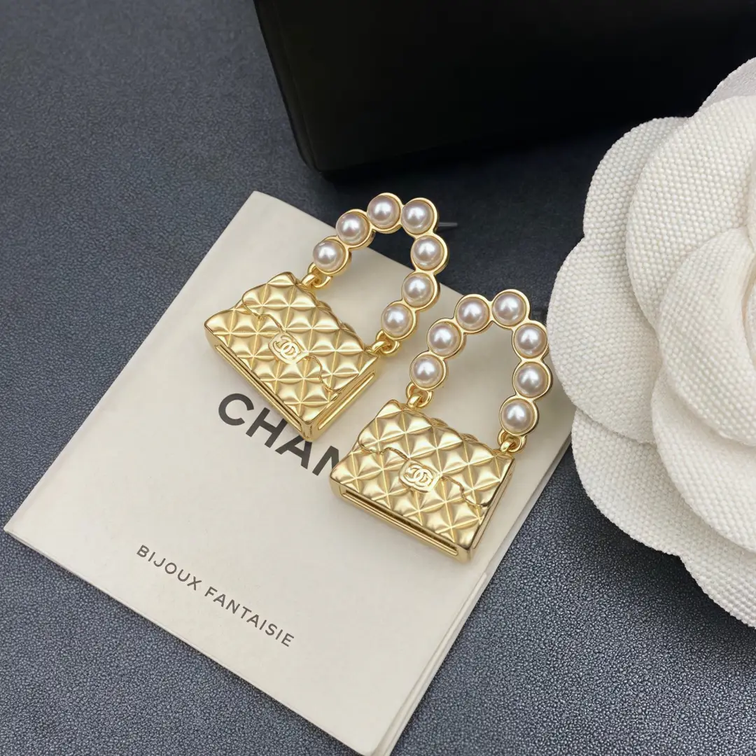 Pearl Embellished Bag Earrings Gold Tone Lightweight