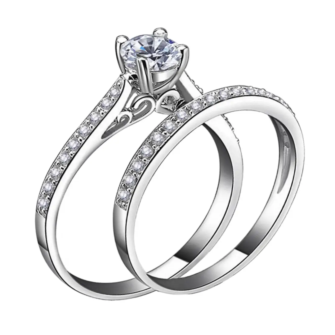 Women Four Claw Zircon Ring Set White Gold Plated