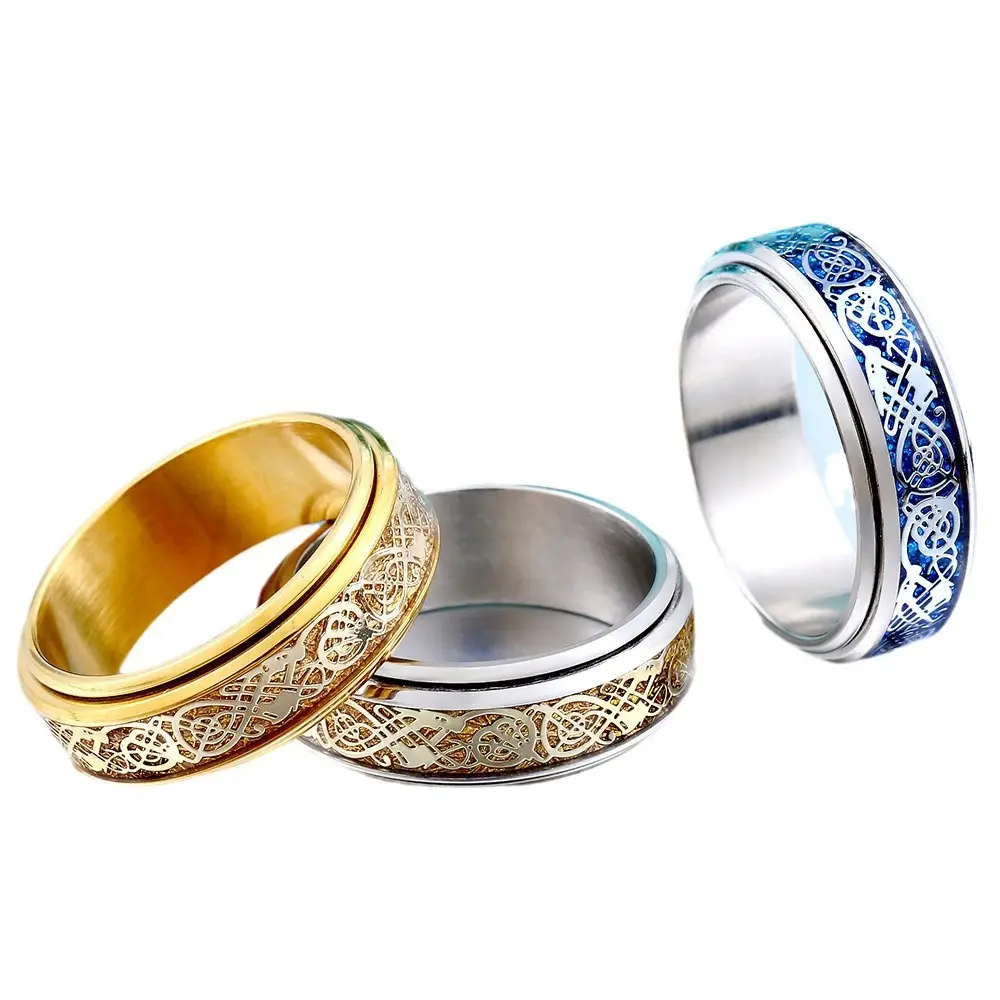 Korean Style Rotatable Dragon Ring for Women Steel Blue