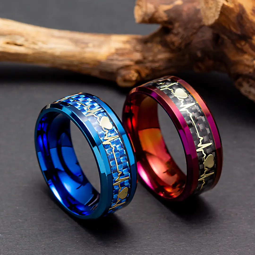 Carbon Fiber Couple Heartbeat Ring Titanium Steel