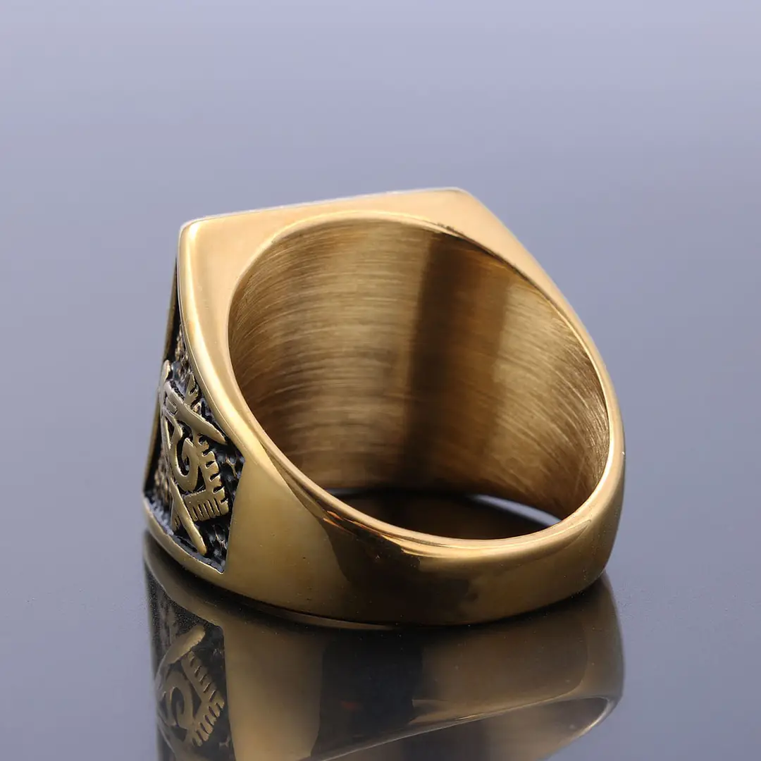 Men Vintage Masonic Black Gemstone Ring Stainless Steel