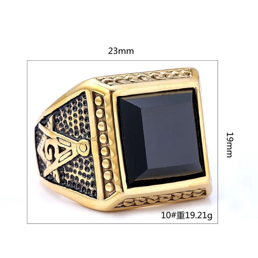 Men Vintage Masonic Black Gemstone Ring Stainless Steel