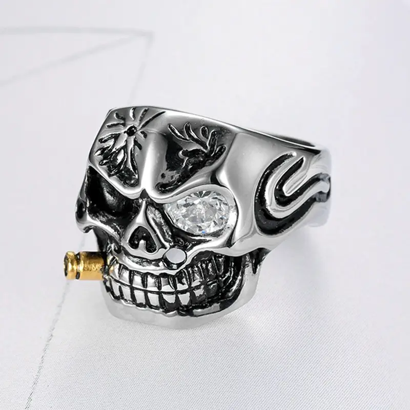 White Eye Gold Skull Ring Stainless Steel Daily Wear