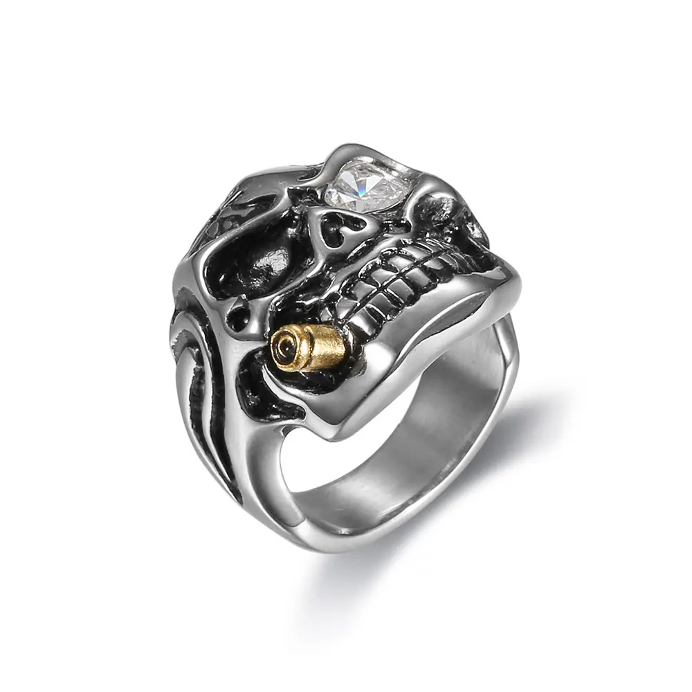 White Eye Gold Skull Ring Stainless Steel Daily Wear