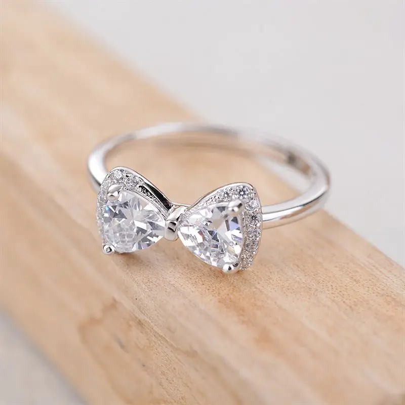 Silver Plated Bow Crystal Ring Women Korean Style Daily Wear