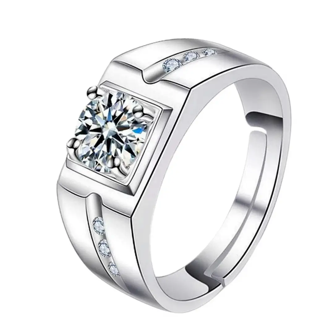 Men's Wide Diamond Platinum Plated Ring Silver