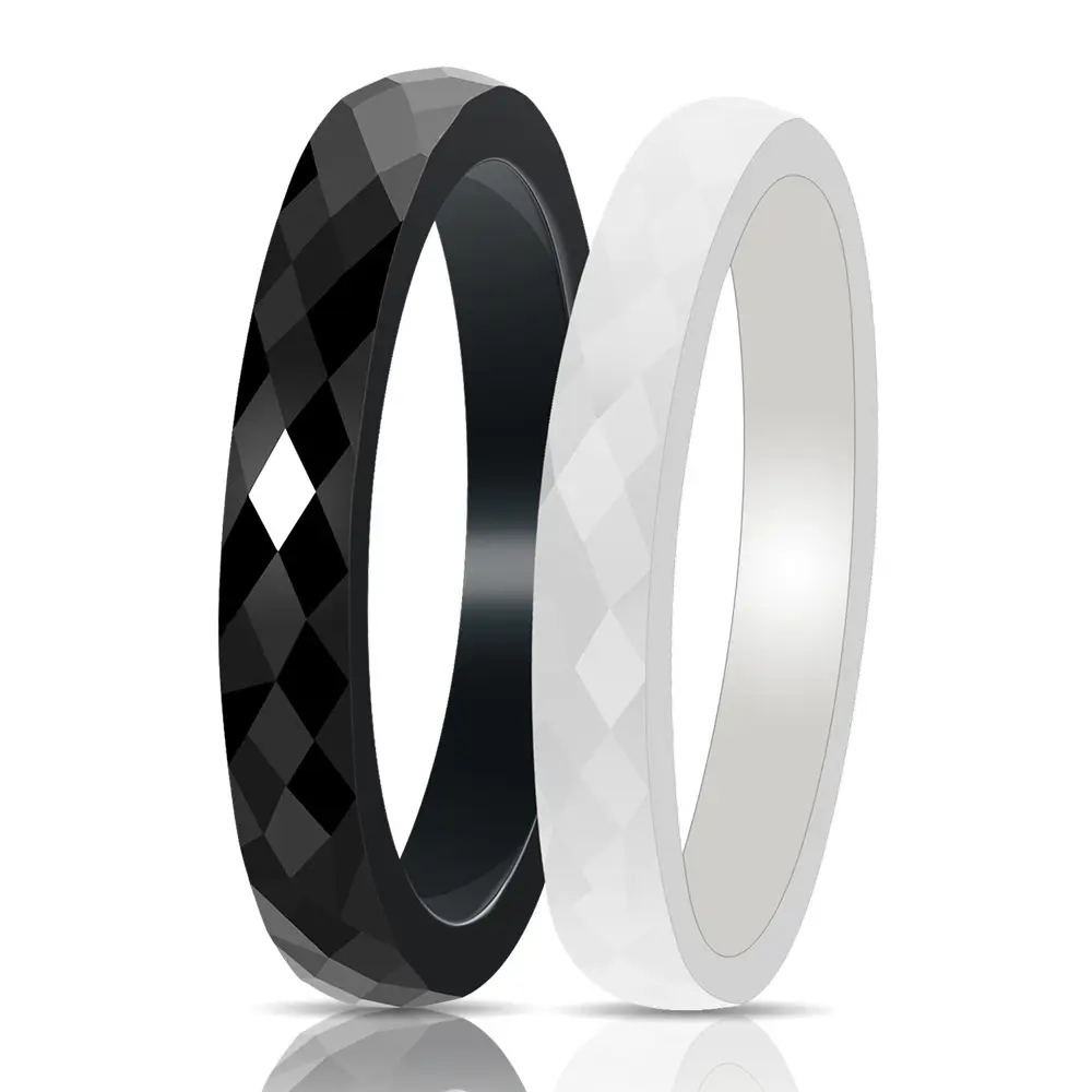 Ceramic Black White Rhombus Ring 3mm Glossy Daily Wear